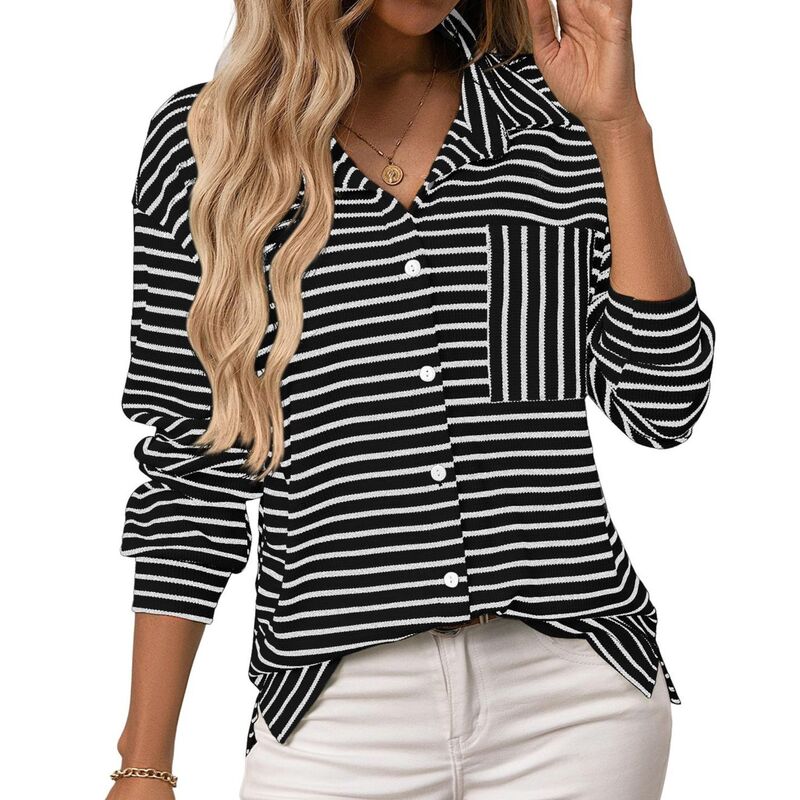 クリアフラワー レディース トップス シャツ ボタンダウン ブラウス ニット ClearFlower Women's Casual Waffle Knit Button Down Shirt Striped Long Sleeve Collared Blouse with Chest Pocket Black ブラック|ReVida 店