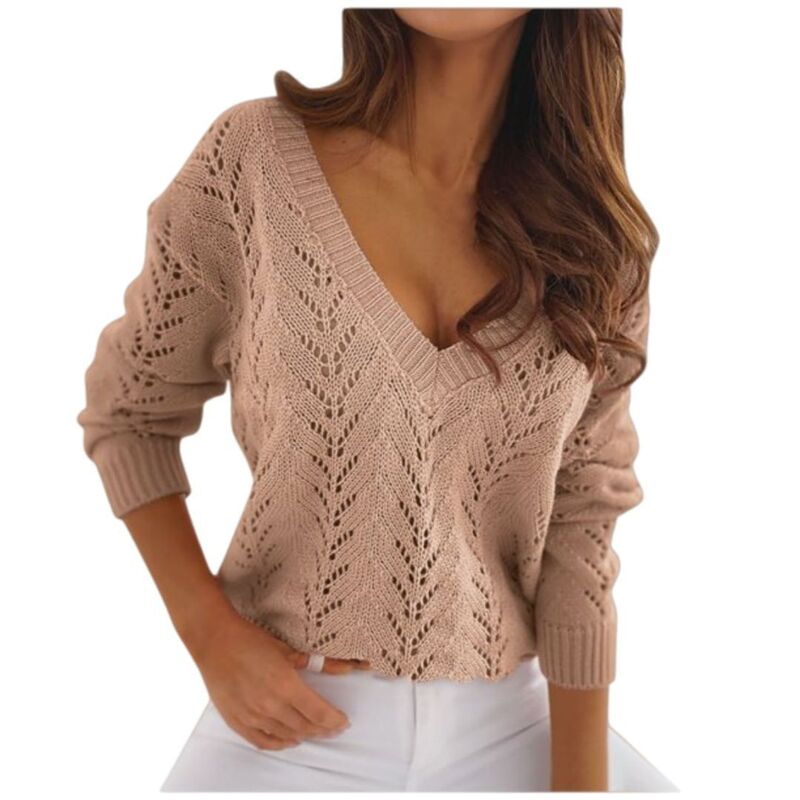 イエスファッション レディース アウター ニット・セーター Vネック Yesfashion Women's V Neck Crochet Hollow Outrendy Casual Pullover Sweaters Brown ブラウン|ReVida 店