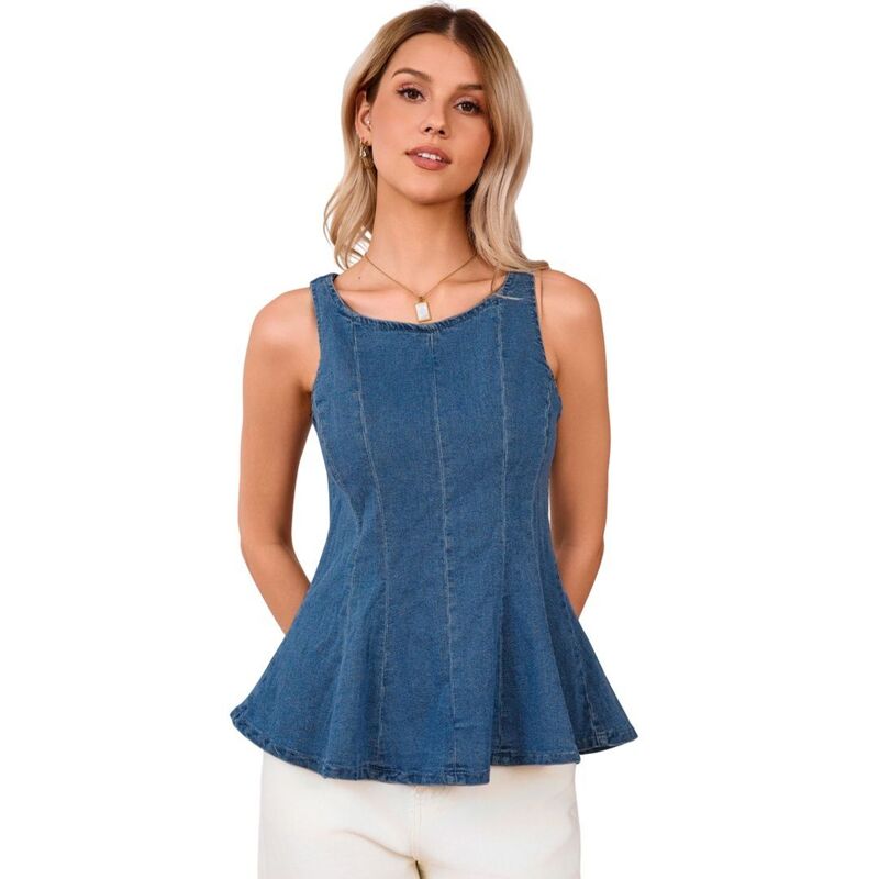 上半身大きさ レディース トップス プルオーバー ノースリーブ ジーンズ トップ BODDYSIZE Women\u0027s Denim Peplum Tank Top Summer Stretch Sleevelesslim Jean Blouse with 4/5 Back Zipper Dark Blue 青色
