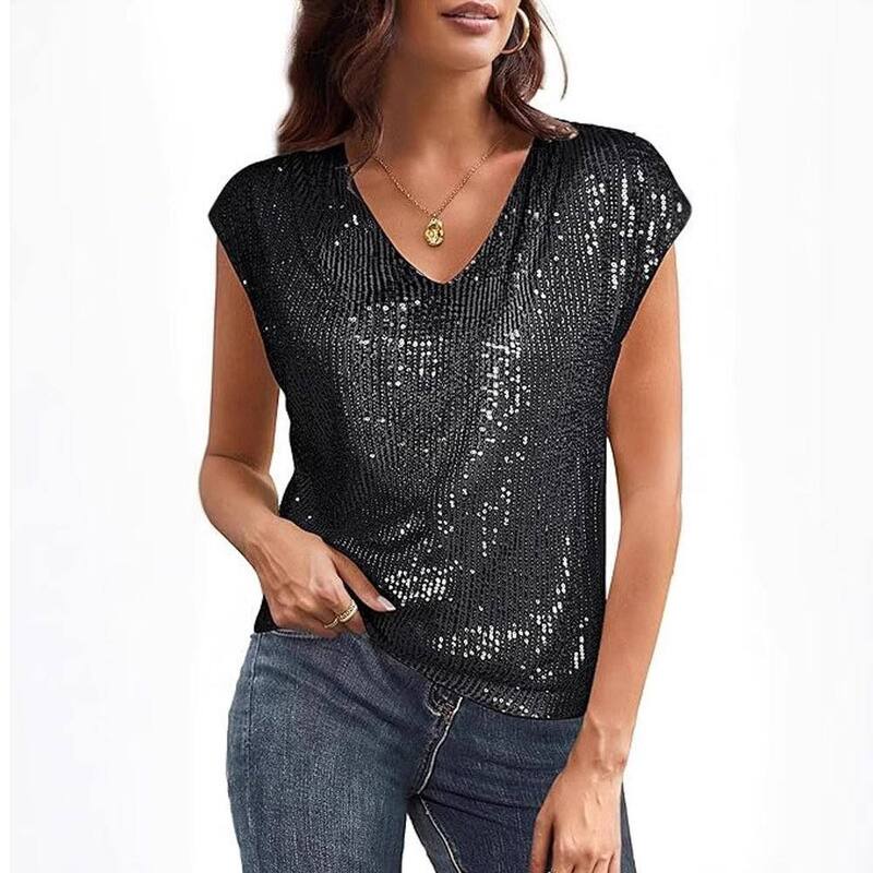 エリート肝ったま レディース トップス プルオーバー か細い填まる Vのど首 スパンコール EliteSpirit Women\u0027s V Neck Sequin Short Sleeve Tops for Women Fashion Slim Fit Sparkly Tank Top for Party Black 黒いこと