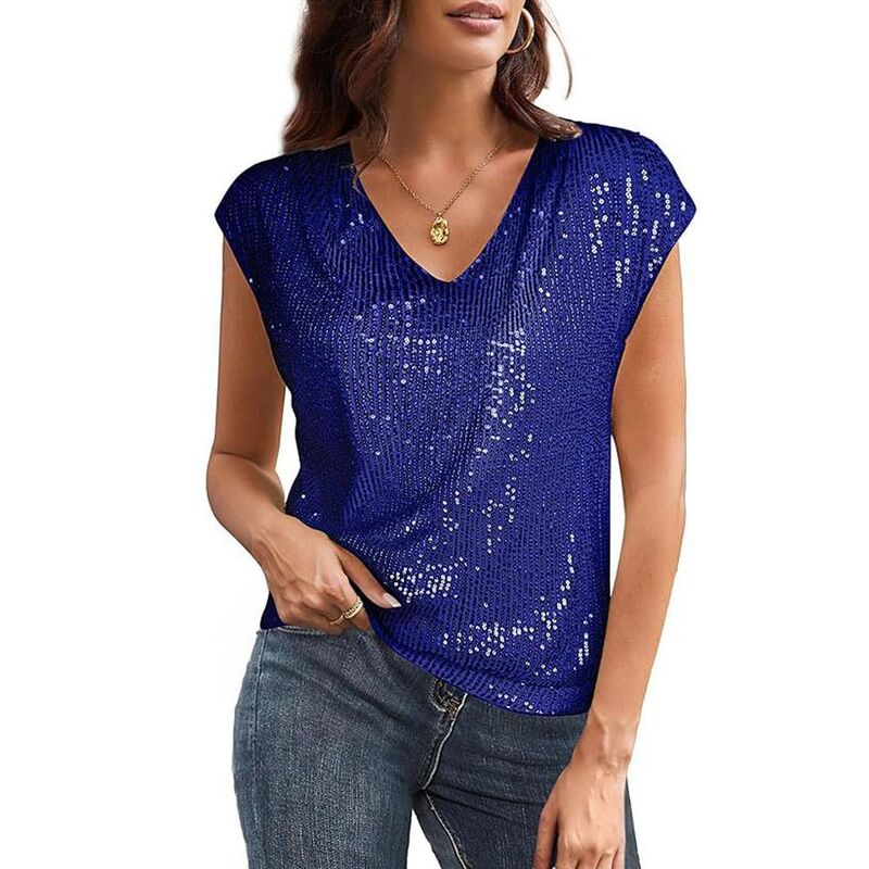 エリート肝ったま レディース トップス プルオーバー か細い填まる Vのど首 スパンコール EliteSpirit Women\u0027s V Neck Sequin Short Sleeve Tops for Women Fashion Slim Fit Sparkly Tank Top for Party Blue 青色