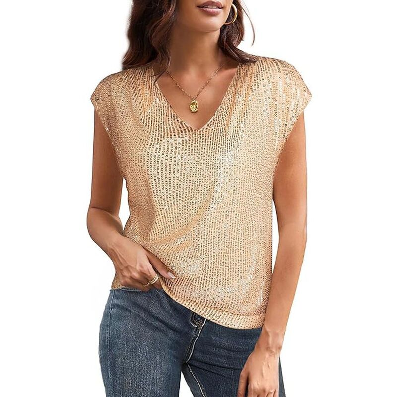 エリート肝ったま レディース トップス プルオーバー か細い填まる Vのど首 スパンコール EliteSpirit Women\u0027s V Neck Sequin Short Sleeve Tops for Women Fashion Slim Fit Sparkly Tank Top for Party Champagne 三鞭酒