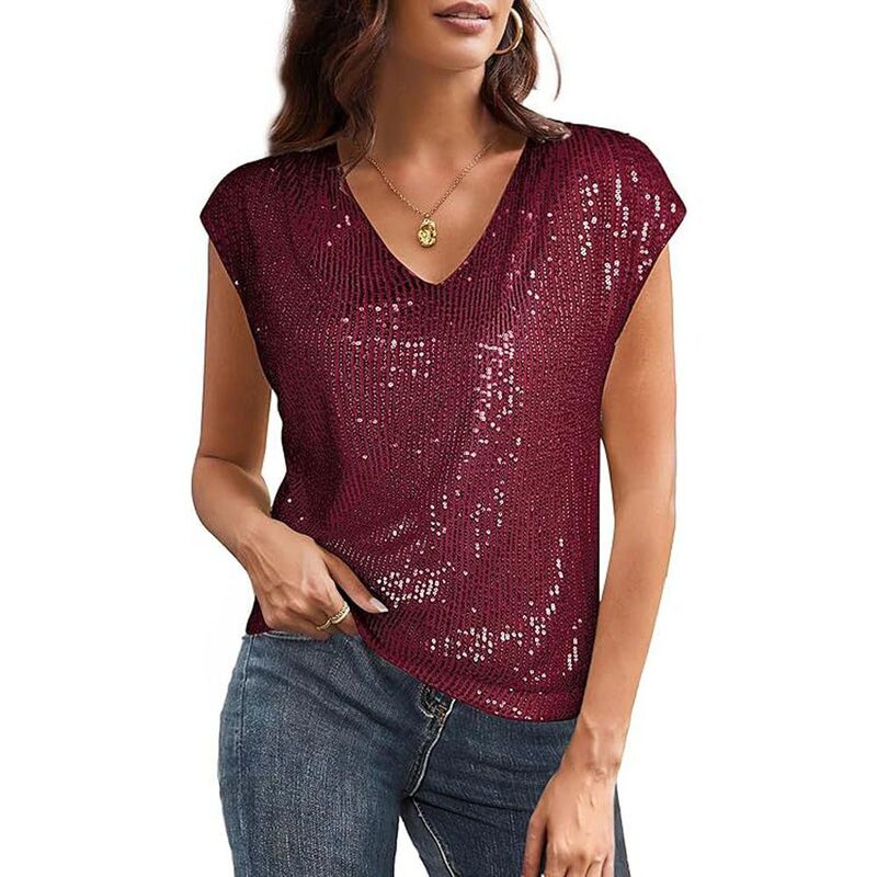エリート肝ったま レディース トップス プルオーバー か細い填まる Vのど首 スパンコール EliteSpirit Women\u0027s V Neck Sequin Short Sleeve Tops for Women Fashion Slim Fit Sparkly Tank Top for Party Wine Red 赤いこと