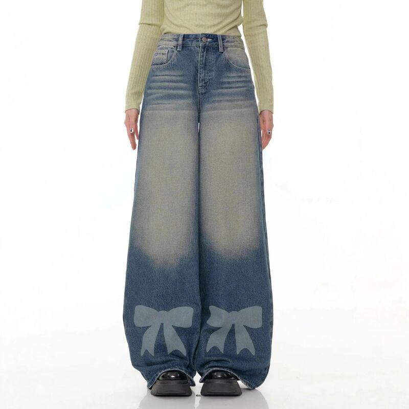 救い主流行り物 レディース ボトムス ジーンズズボン下 ワイドレッグ 刷り上げる デニム Yesfashion Women\u0027s Wide Leg Jeans Loose Casual Retro Pants with Bow Printing Blue 青色