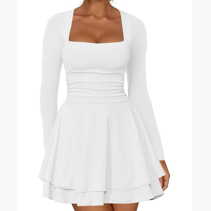 ジョイジョイ レディース トップス ワンピース フリル裾 ギャザー フリル ミニ JoyJoy Women\'square Neck Ruffle Hemini Dress Ruched Waist Long Sleeve Corset Short Party Dresses White ホワイト｜ReVida 店