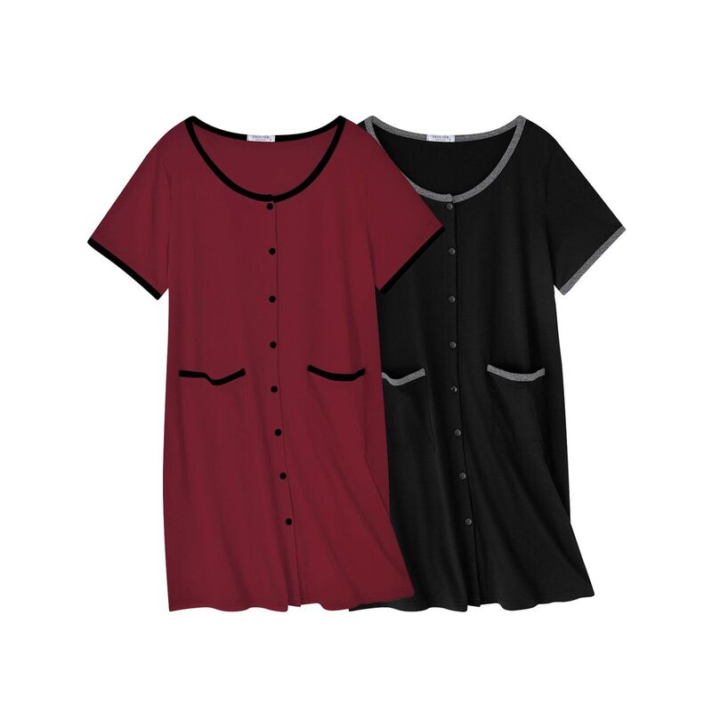 エコアー レディース アンダーウェア ナイトウェア ボタンダウン シャツ ダウン Ekouaer Nightgowns for Women 2 Pack Button Down Sleep Shirtshort Sleeve Nightshirt Sleepwear Black Red ブラック｜ReVida 店