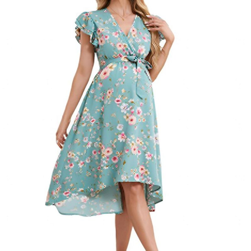 ジョイジョイ レディース トップス 衣装 Vのど首 御花柄 フラウンス MIDI 御花 JoyJoy Women Summeruffle Sleeve Wrap Midi Dress V-Neck High Low Hem Floral Casual Dress Bluish Green Flower 緑であること