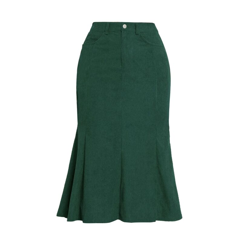 インスパイア シック レディース ボトムスカート コーデュロイ ハイウエスト ミディ INSPIRE CHICorduroy Skirt for Women Fall High Waist Work Dressy Casual Fishtail Midi Skirs Dark Green グリーン｜ReVida 店