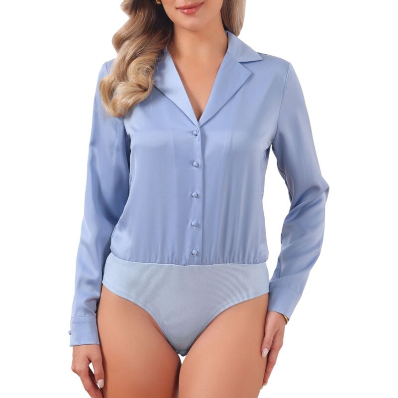 インスパイア シック レディース トップス シャツ サテン ボディースーツ INSPIRE CHIC Button Up Leotard Shirt for Women'satin Long Sleeve Notched Lapel Business Work Bodysuit Dusty Blue ブルー|ReVida 店