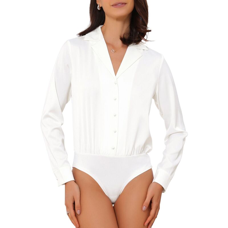 インスパイア シック レディース トップス シャツ サテン ボディースーツ INSPIRE CHIC Button Up Leotard Shirt for Women'satin Long Sleeve Notched Lapel Business Work Bodysuit White ホワイト|ReVida 店