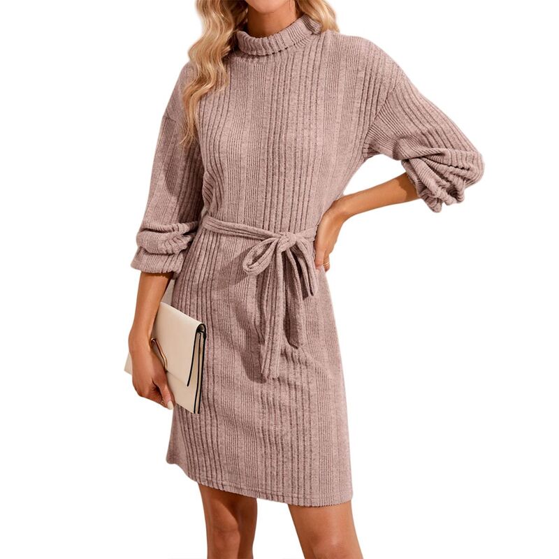 エリートスピリット レディース トップス ワンピース タートルネック セーター ニット EliteSpirit Women Mock Turtleneck Long Lantern Sleeve Self Tie Rib-Knit Dress Casualoose Sweater Dresses Light Pink ピンク|ReVida 店