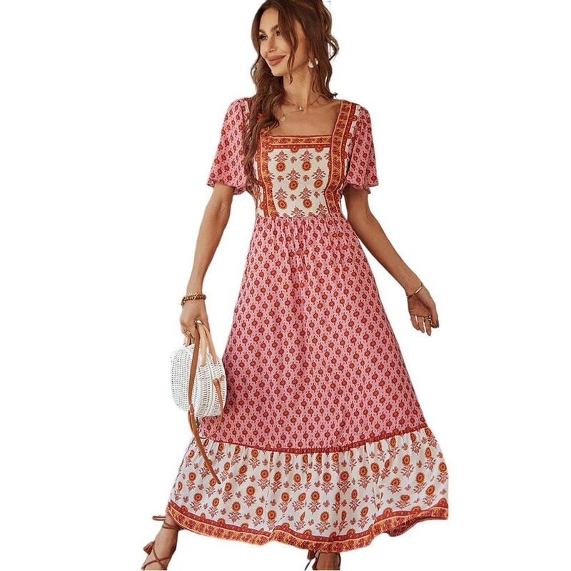 マキシスマーチ レディース トップス ワンピース フラワー柄 プリント ミディ フラワー Maxxis Merch Women'short Sleeve Square Neck Floral Print Midi Dress Pink ピンク｜ReVida 店