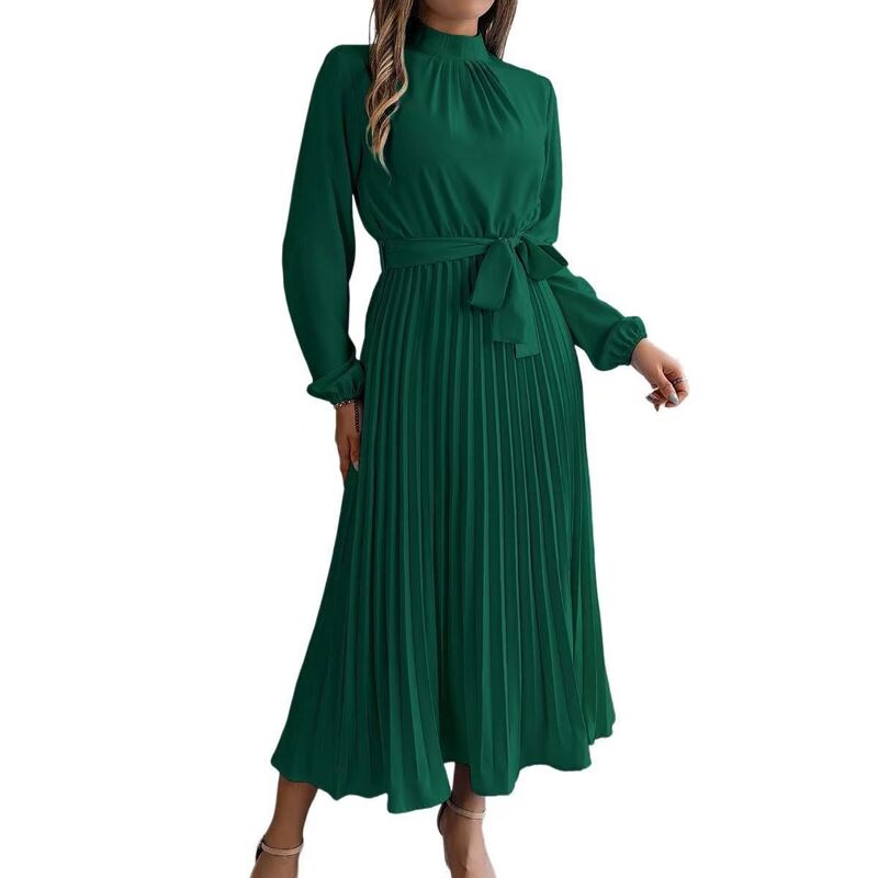 クリアフラワー レディース トップス ワンピースリムフィット プリーツ ミディ ClearFlower Women'stand Collar Pleated Midi Dress Belted Waist Slim Fit Cocktail Dress Green グリーン|ReVida 店