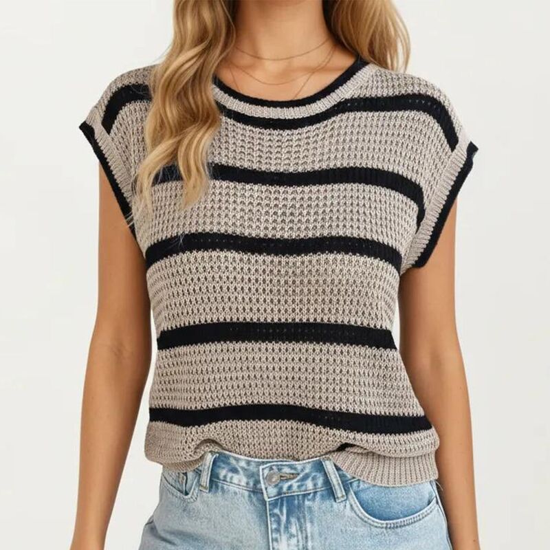 アンナカシ レディース アウター ニット・セーター リラックスフィット リブ ノースリーブ Anna-Kaci Women'sleevelesstriped Knit Pullover Sweater Top with Ribbed Trim and Relaxed Fit Khaki カーキ｜ReVida 店