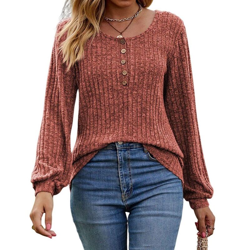 ジョイジョイ レディース トップス プルオーバー 労働者の一団のど首 肋材 JoyJoy Women\u0027s Crew Neck Ribbed Brushed Long Sleeve Tops with Button Simple Versatile Loose Pullover Top Brick Red 赤いこと