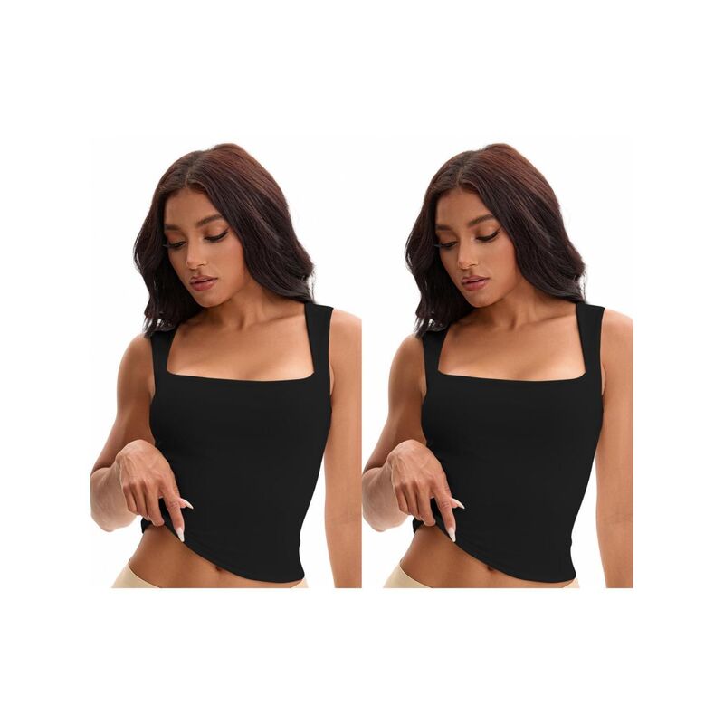 インスパイア 今めかしい レディース トップス プルオーバー ノースリーブ INSPIRE CHIC 2 Packs Women\u0027square Neck Sleeveless Tank Tops Basic Fitted Camisoles Black 黒いこと