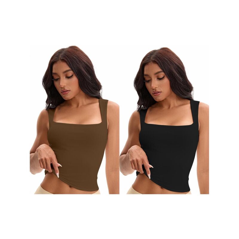 インスパイア 今めかしい レディース トップス プルオーバー ノースリーブ INSPIRE CHIC 2 Packs Women\u0027square Neck Sleeveless Tank Tops Basic Fitted Camisoles Black Brown 黒いこと