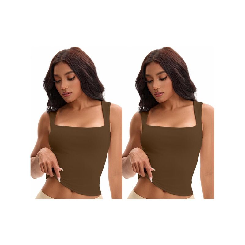 インスパイア 今めかしい レディース トップス プルオーバー ノースリーブ INSPIRE CHIC 2 Packs Women\u0027square Neck Sleeveless Tank Tops Basic Fitted Camisoles Brown 赤銅色