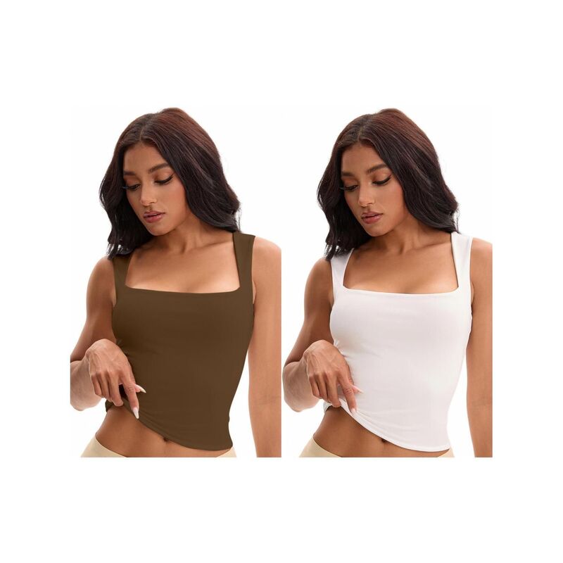 インスパイア 今めかしい レディース トップス プルオーバー ノースリーブ INSPIRE CHIC 2 Packs Women\u0027square Neck Sleeveless Tank Tops Basic Fitted Camisoles White Brown 白いこと