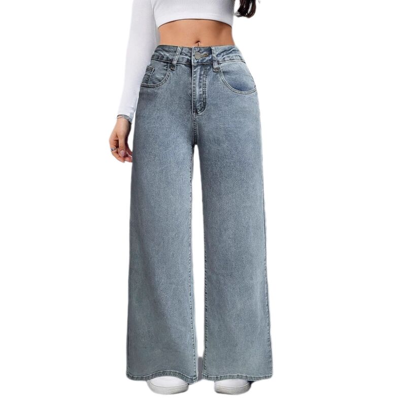 セオリア レディース ボトムス ジーンズズボン下 ワイドレッグ デニム Seoria Women High Waisted Wide Leg Jeans with Pink Bow Embroidery Casualoose Fit Denim Pants Light Blue 青色