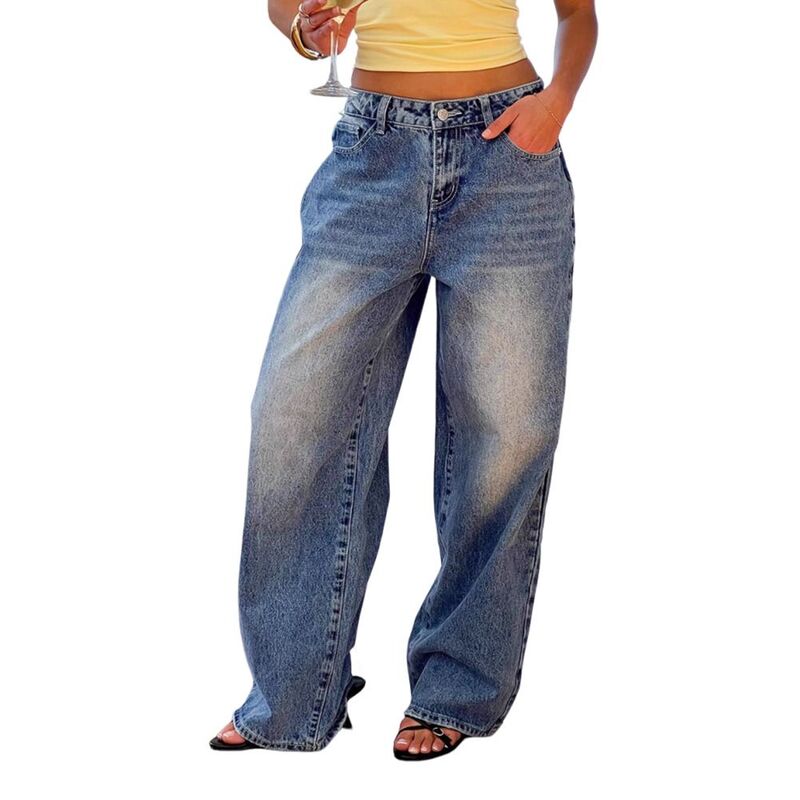 セオリア レディース ボトムス ジーンズズボン下 ワイドレッグ ヴィンテージーンズ Seoria Womens Wide Leg Jeans Casual Vintage Mid Waist Baggy Denim Washed Pants with Pockets Blue 青色
