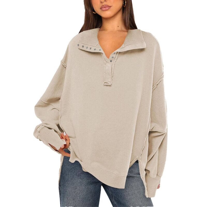 コジョイン レディース トップス プルオーバー 片方細長い切口 汗水 Kojooin Women Oversized Sweatshirt Casualong Sleeve Side Slitop Apricot 杏