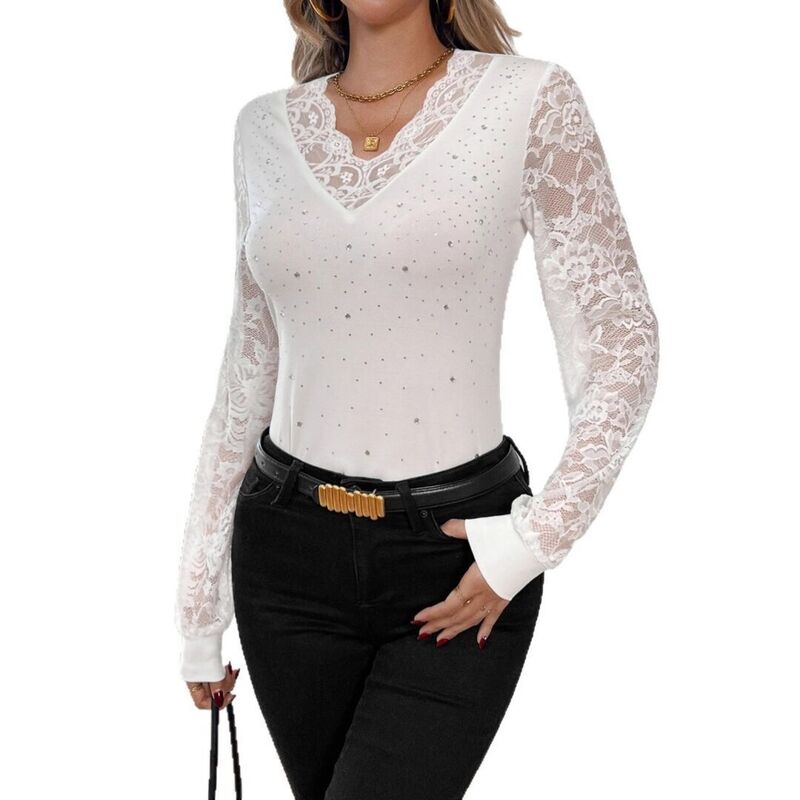 救い主流行り物 レディース トップス プルオーバー Vのど首 トップ スピード競技 Yesfashion Women V Neck Lantern Sleeve Lace Topsparkle Rhinestones Dressy Slim Fitted Elegant Blouse White 白いこと