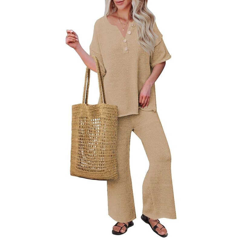 エコアー レディース アンダーウェア ナイトウェア ワイドレッグ パンツ セーター ニット Ekouaer Lounge Sets for Women 2 Piece Pullover Sweater Set Knitops Wide Leg Pants Beige ベージュ｜ReVida 店