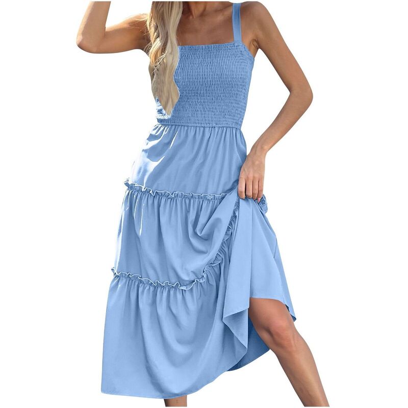 イエスファッション レディース トップス ワンピース フリル ミディ ノースリーブ シャーリング Yesfashion Womensleeveless Midi Dressummer Dressesquare Neck Smocked Ruffle Beach Sundress Blue ブルー|ReVida 店