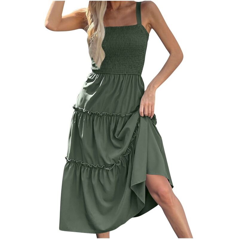 イエスファッション レディース トップス ワンピース フリル ミディ ノースリーブ シャーリング Yesfashion Womensleeveless Midi Dressummer Dressesquare Neck Smocked Ruffle Beach Sundress Green グリーン|ReVida 店