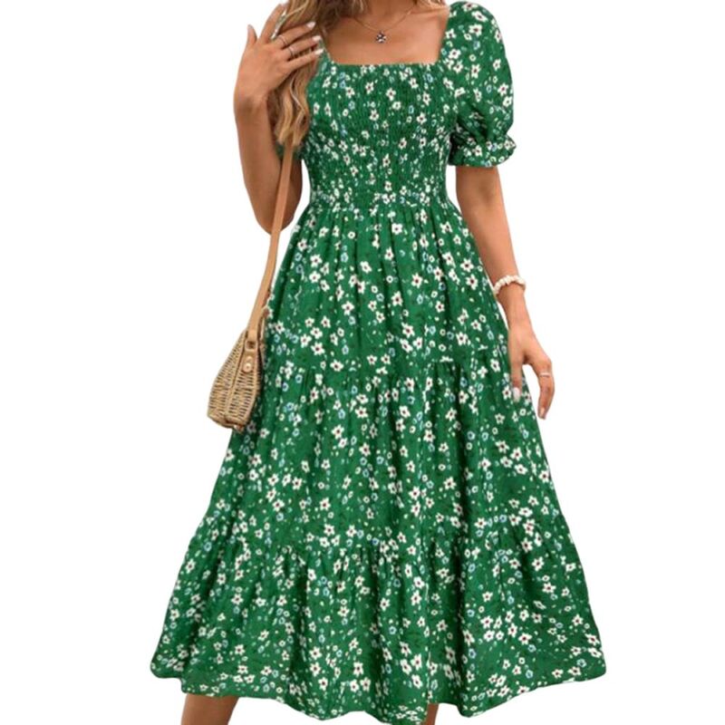 ジョイジョイ レディース トップス ワンピース ティアード フラワー柄 ミディ フラワー JoyJoy Women\'s Floral Square Neck Dress Casual Waist-Cinching Bust-Fitted Bubble Sleeve Tiered Midi Dress Green グリーン|ReVida 店