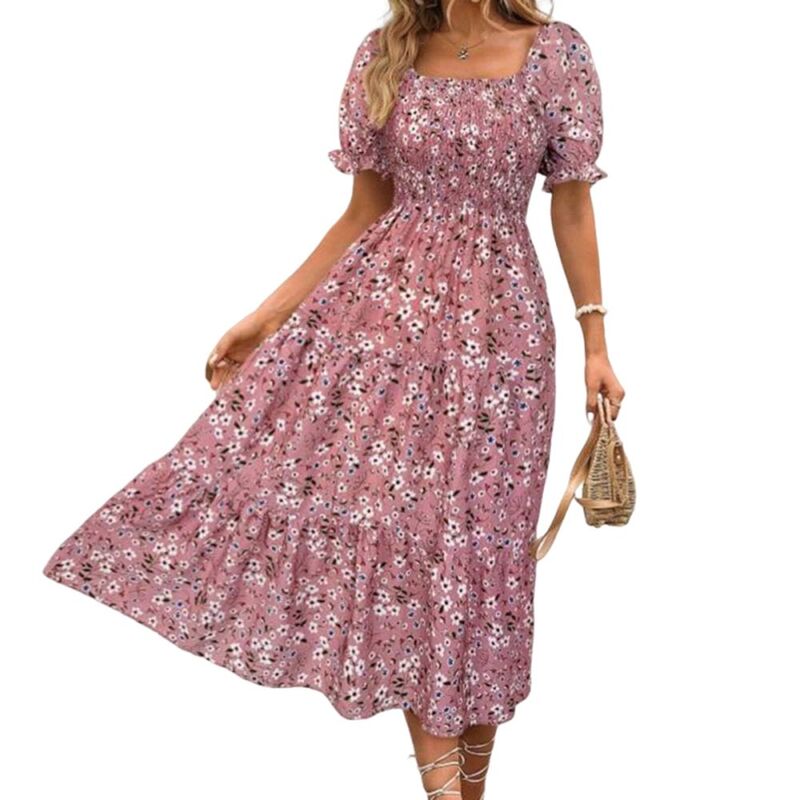 ジョイジョイ レディース トップス ワンピース ティアード フラワー柄 ミディ フラワー JoyJoy Women's Floral Square Neck Dress Casual Waist-Cinching Bust-Fitted Bubble Sleeve Tiered Midi Dress Pink ピンク|ReVida 店