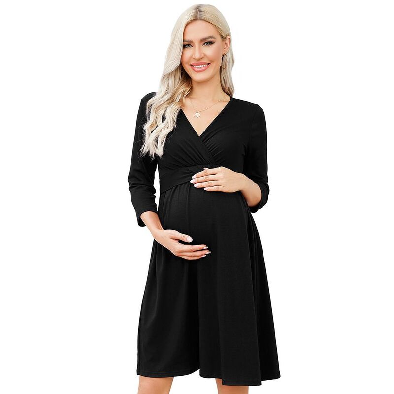 ジョイジョイ レディース トップス 衣装 Vのど首 MIDI 天鵝絨 マタニティ JoyJoy Maternity V Neck Wrap Dress 3/4 Sleeve Waistie Casual \u0026 Velvet Midi Dress for Baby Shower Black 黒いこと