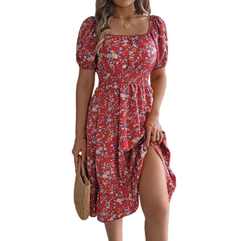 ボディサイズ レディース トップス ワンピース フラワー柄 フリル ミニ シャーリング フラワー BODDYSIZE Womensummer Square Neck Smocked Floral Boho Mini Dresshort Sleeve Ruffle Beach Dress Red Florals レッド｜ReVida 店