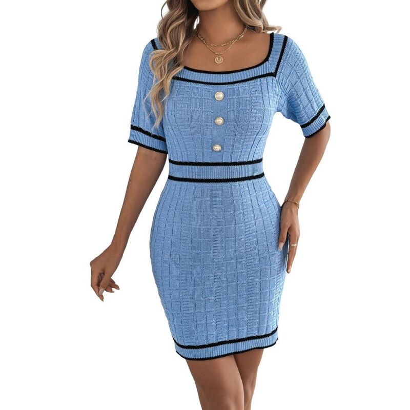 上半身大きさ レディース トップス 衣装 MIDI BODDYSIZE Women\u0027s Trendy Casual Midi Dresseshort Sleeve Slim Bodycon Dressquare Neck Color Block Stripes Blue 青色