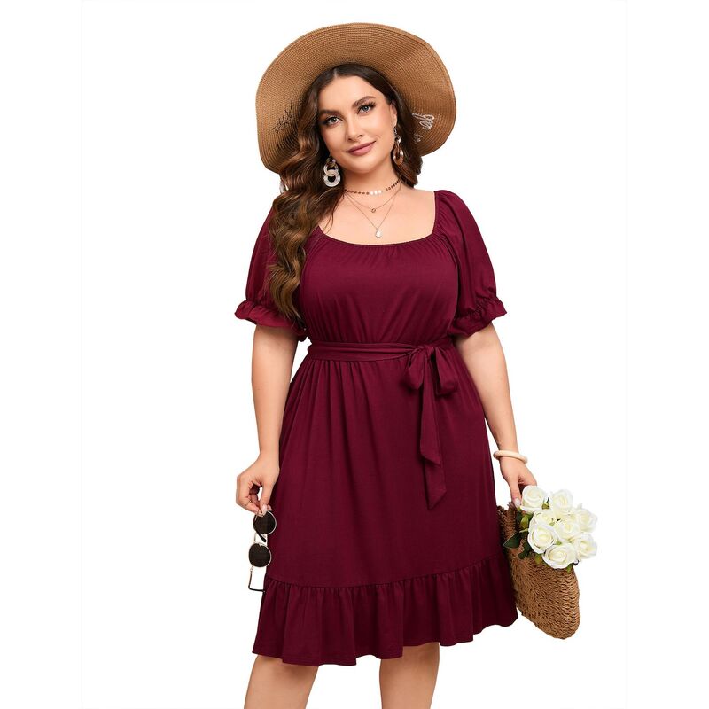 コジョイン レディース トップス ワンピース ハイウエスト プラスサイズ フリル ミディ Kojooin Women's Casual Plusize Square Neck Short Sleeve Dress High Waist Ruffle Midi Dress With Belt Wine Red レッド｜ReVida 店