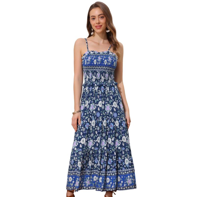アレグラ ケー レディース トップス ワンピース A ライン フラワー柄 シャーリング マキシ フラワー ALLEGRA K Boho Floral Dresses For Women Summer Spaghetti Strap A-line Flowy Smocked Maxi Dress Blue ブルー|ReVida 店