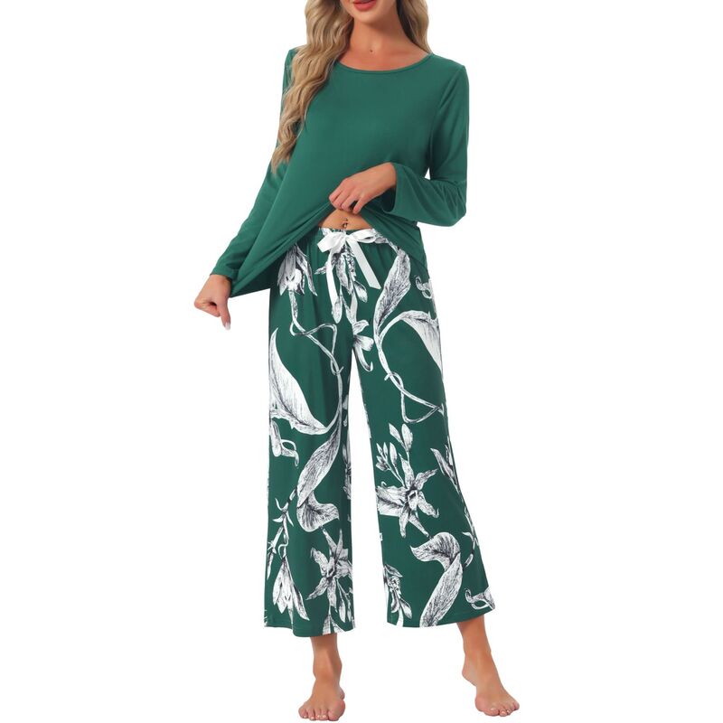 インスパイア シック レディース アンダーウェア ナイトウェア フラワー柄 シャツ キャップ フラワー INSPIRE CHIC Women's Lounge Set Floral Capri Long Sleeve Shirt Soft Stretchy Pajama Sets 2 Piece Loungewear Green グリーン|ReVida 店