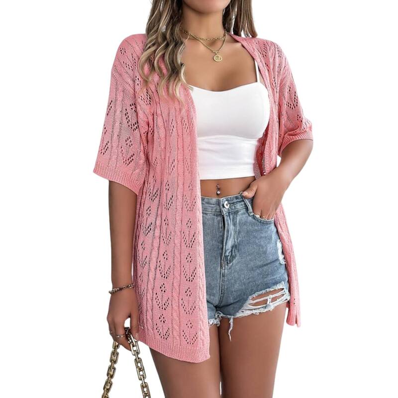 コジョイン レディース アウター ニット・セーター カーディガン Kojooin Women's Lightweight Crochet Sweater Short Sleeve Cardigan Knit Hollow Out Sun Protective Cover-Upink ピンク｜ReVida 店