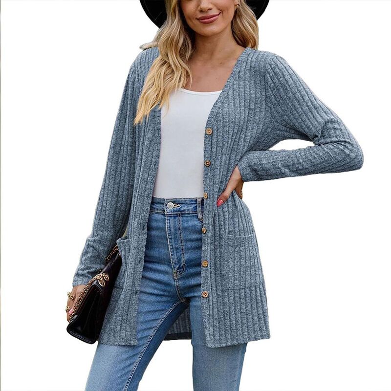 クリアフラワー レディース アウター ニット・セーター Vネック ボタンダウン リブ カーディガン ダウン ClearFlower Womens Ribbed Long Sleeve V Neck Button Down Sweater Cardigan Tops Blue ブルー|ReVida 店