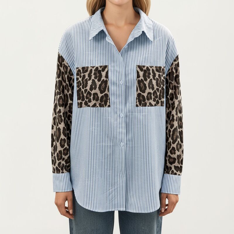 アンナカシ レディース トップス プルオーバー 刷り上げる Anna-Kaci Women\u0027s Long Sleeve Button-Up Shirt with Leopard Print Sleeves and Striped Pattern Blue 青色
