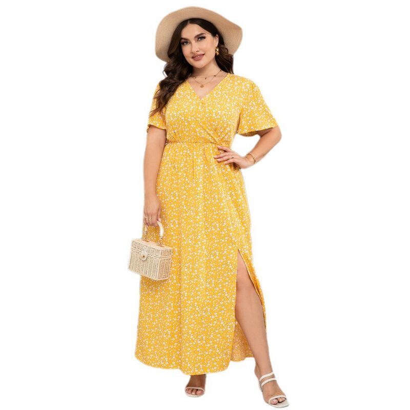 イエスファッション レディース トップス ワンピース サイドスリット Vネック ハイウエスト フラワー柄 マキシ フラワー Yesfashion Oversizedresses for Curvy Women Floral Boho V Neck High Waist Side Slit Dressummer Maxi Dress Yellow Flower イエロー|ReVida 店