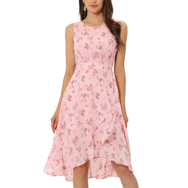 インスパイア シック レディース トップス ワンピース フラワー柄 フリル ノースリーブ フラワー INSPIRE CHIC Women'summer Dresses Wrap Ruffle High Low Hem Round Neckeyhole Back Sleeveless Floral Dress Pink ピンク|ReVida 店