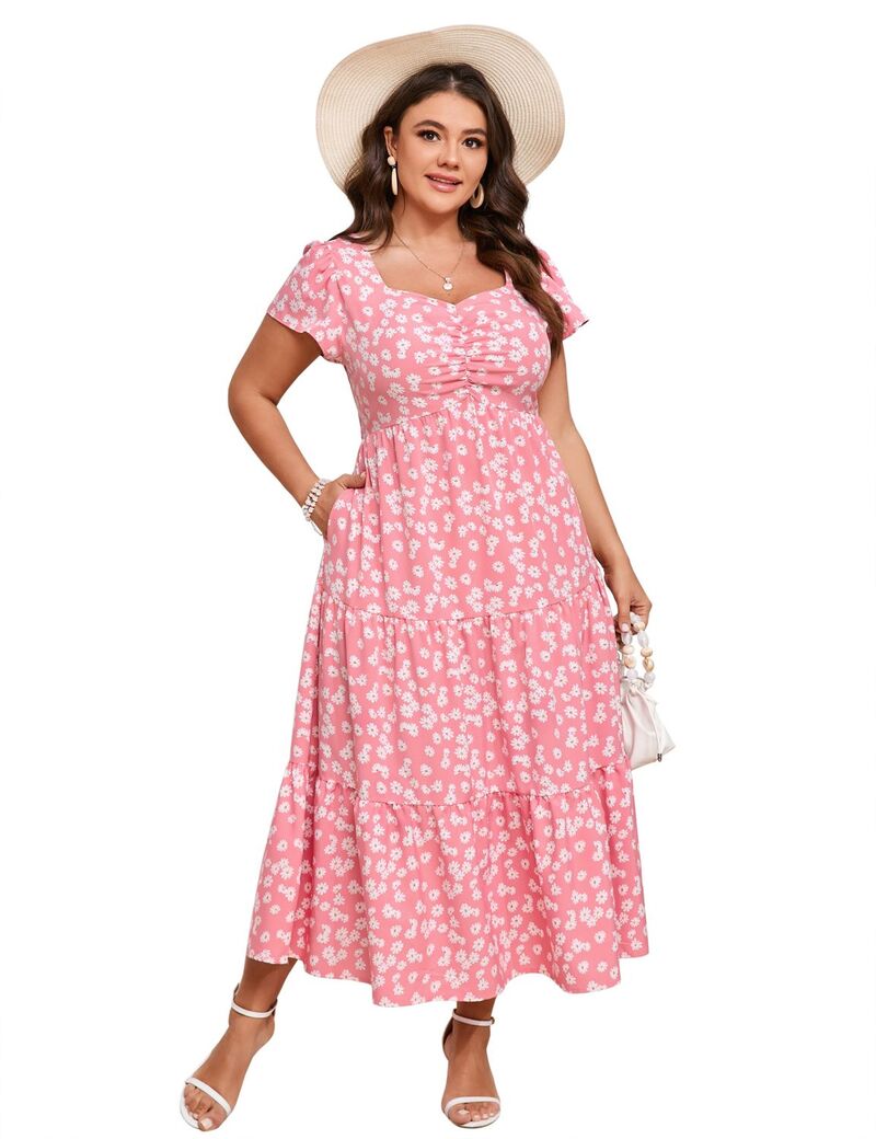 エリートチョイス レディース トップス ワンピース フラワー柄 プラスサイズ フラワー Elitechoice Women's Plusize Short Sleeve Floral Dress with Pockets Pink Flower ピンク｜ReVida 店