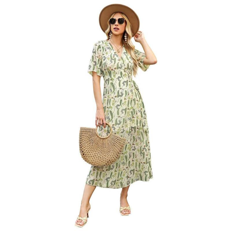 上半身大きさ レディース トップス 衣装 Vのど首 御花柄 フラウンス マキシ 御花 BODDYSIZE Women\u0027s Casual Floral Maxi Dress V Neck Ruffled Short Sleevedress Perfect for Vacation Green 緑であること