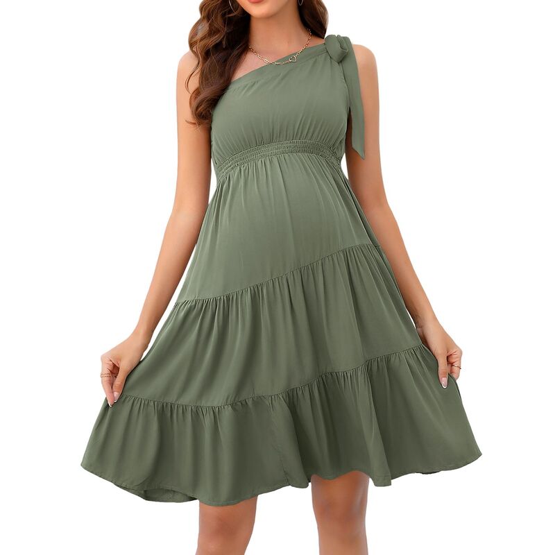 コジョイン レディース トップス ワンピース A ライン ミニ マタニティ Kojooin Women'summer Tie One Shoulder A Line Flowy Mini Dresses Maternity Dress For Baby Shower Green グリーン｜ReVida 店