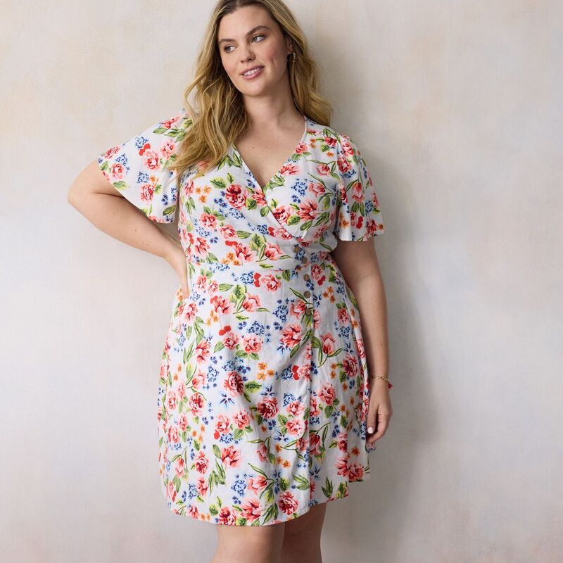 LC Lauren Conrad レディース トップス ワンピース プラスサイズ ミニ Plusize LC Lauren Conrad Button Wrap Mini Dress Blue Amalfi Garden ブルー｜ReVida 店