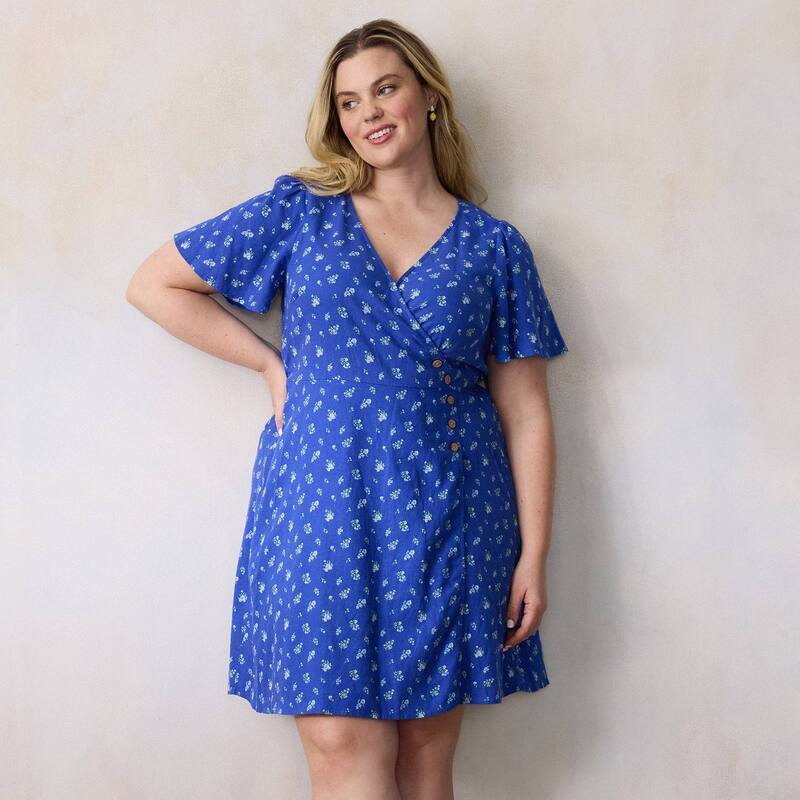 LC Lauren Conrad レディース トップス ワンピース プラスサイズ ミニ Plusize LC Lauren Conrad Button Wrap Mini Dress Bluelina Ditzy ブルー|ReVida 店