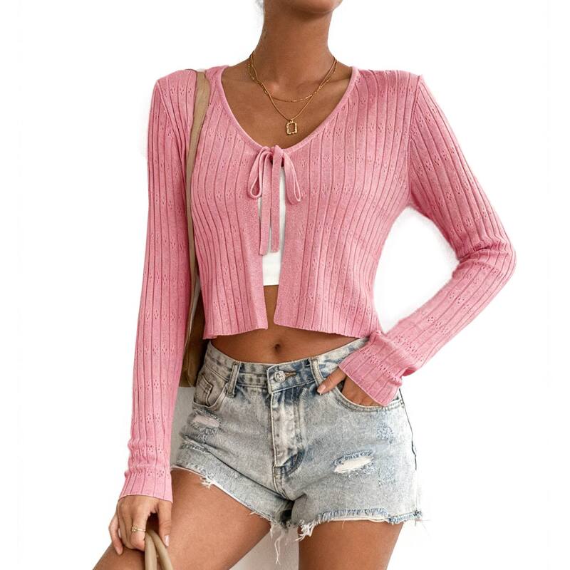 クリアフラワー レディース アウター ニット・セーター カーディガン ClearFlower Women'short Long Sleeve Tie-Front Casual Cover-Up Knit Cardigan Dark Pink ピンク|ReVida 店
