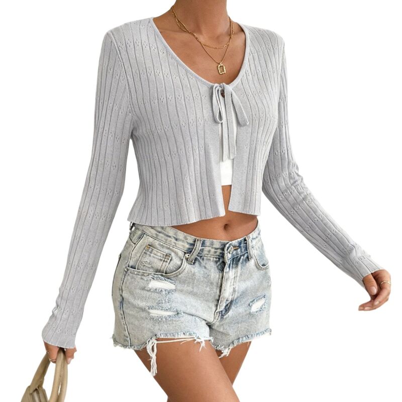クリアフラワー レディース アウター ニット・セーター カーディガン ClearFlower Women'short Long Sleeve Tie-Front Casual Cover-Up Knit Cardigan Grey グレー｜ReVida 店